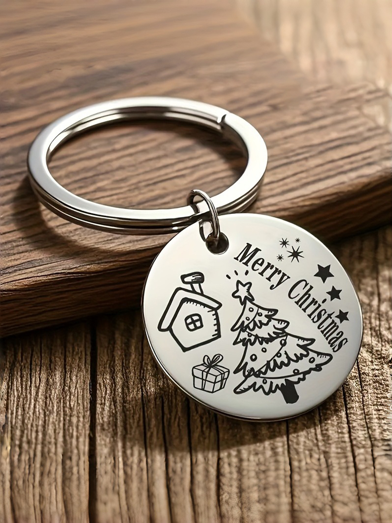 Christmas Holiday Stainless Steel Engraved Keyring Ornament